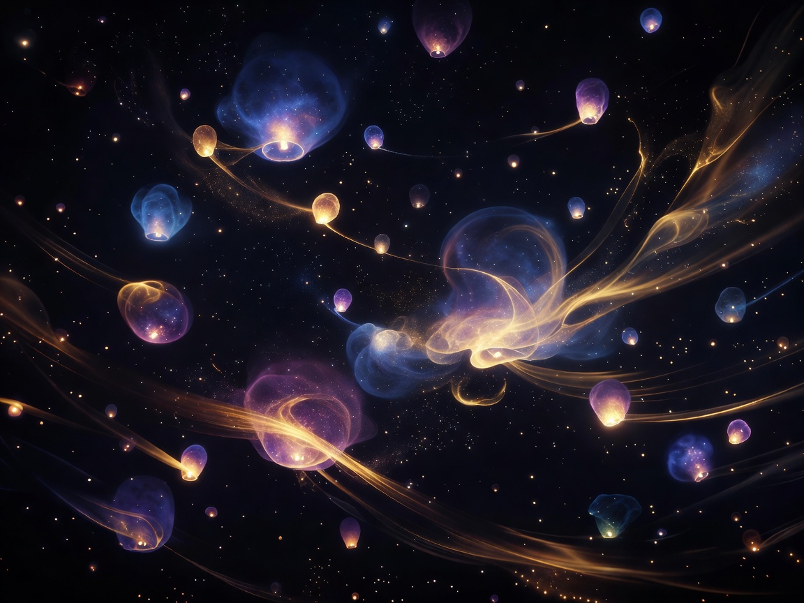 Abstract representation of glowing magical lanterns in a dark night sky